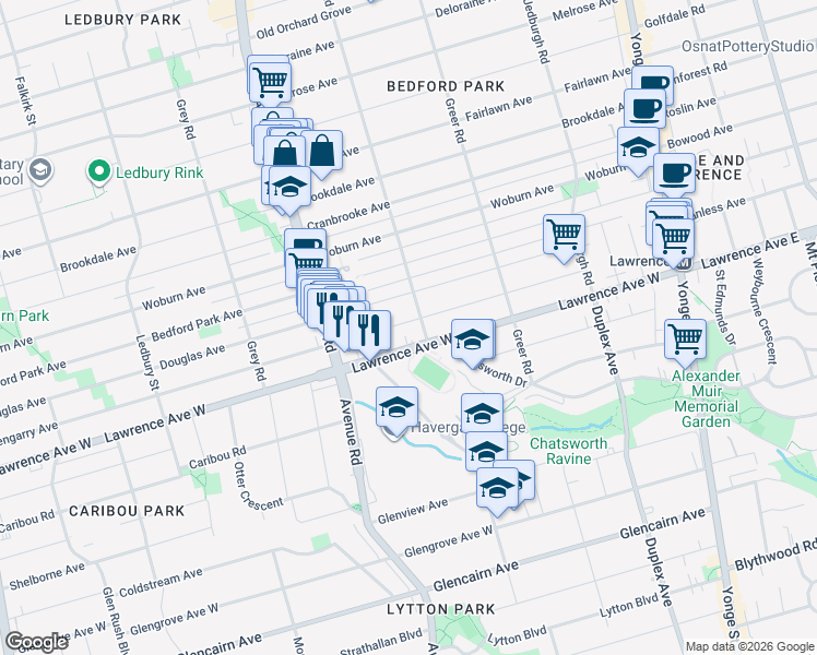 map of restaurants, bars, coffee shops, grocery stores, and more near 209B Glengarry Avenue in Toronto