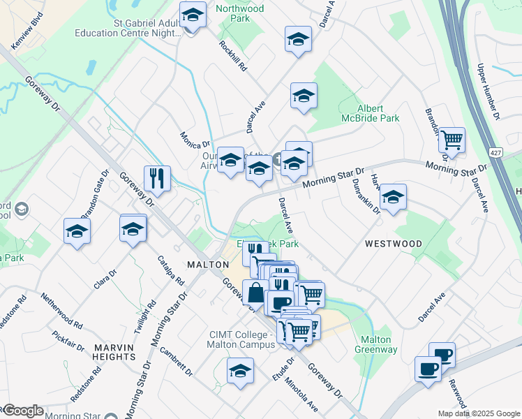 map of restaurants, bars, coffee shops, grocery stores, and more near 3540 Morning Star Drive in Mississauga