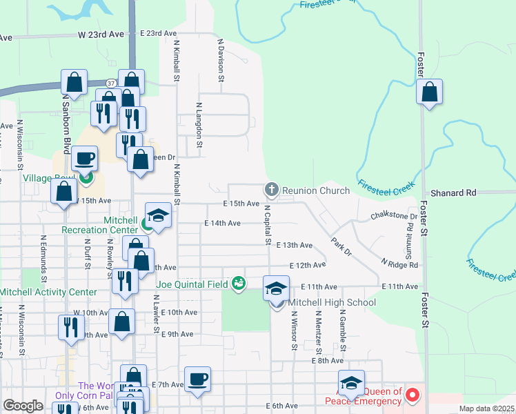 map of restaurants, bars, coffee shops, grocery stores, and more near 615 E 15th Ave in Mitchell