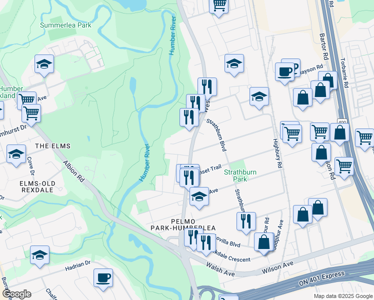 map of restaurants, bars, coffee shops, grocery stores, and more near 2894 Weston Road in Toronto