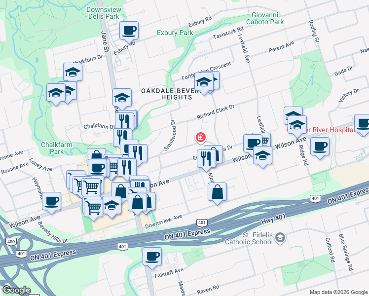 map of restaurants, bars, coffee shops, grocery stores, and more near 43 William Cragg Drive in Toronto