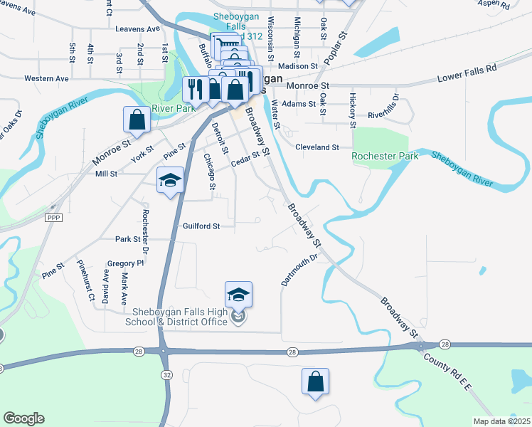 map of restaurants, bars, coffee shops, grocery stores, and more near 200 Hill Crest Ct in Sheboygan Falls