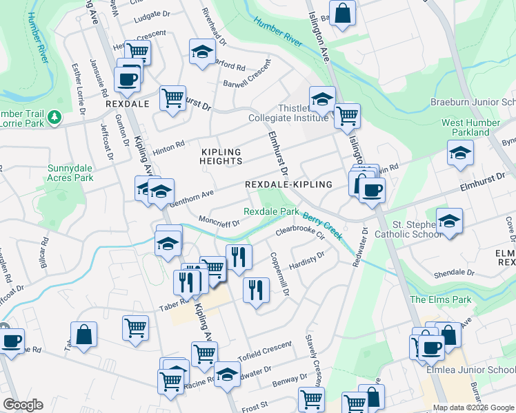 map of restaurants, bars, coffee shops, grocery stores, and more near 65 Moncrieff Drive in Toronto
