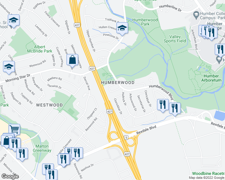 map of restaurants, bars, coffee shops, grocery stores, and more near 18C View Green Crescent in Toronto
