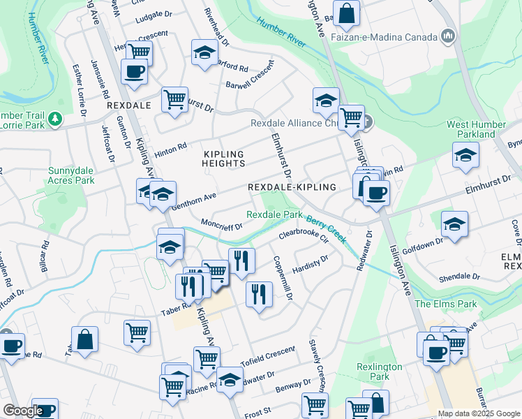map of restaurants, bars, coffee shops, grocery stores, and more near 65 Moncrieff Drive in Toronto