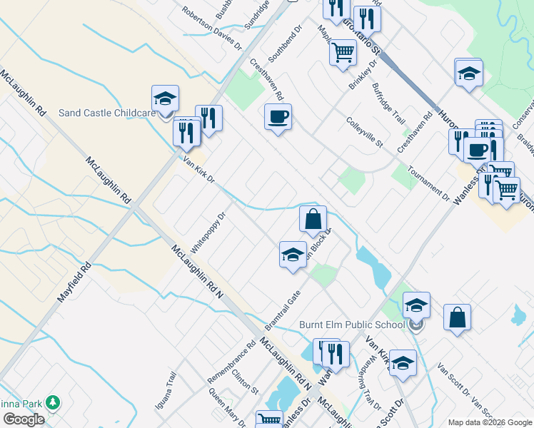 map of restaurants, bars, coffee shops, grocery stores, and more near 9 Eatonville Street in Brampton