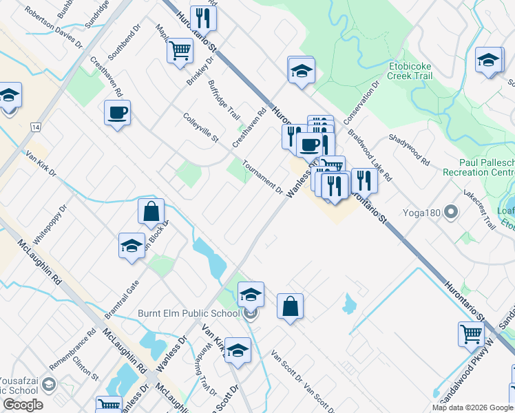 map of restaurants, bars, coffee shops, grocery stores, and more near 19 Masters Green Crescent in Brampton