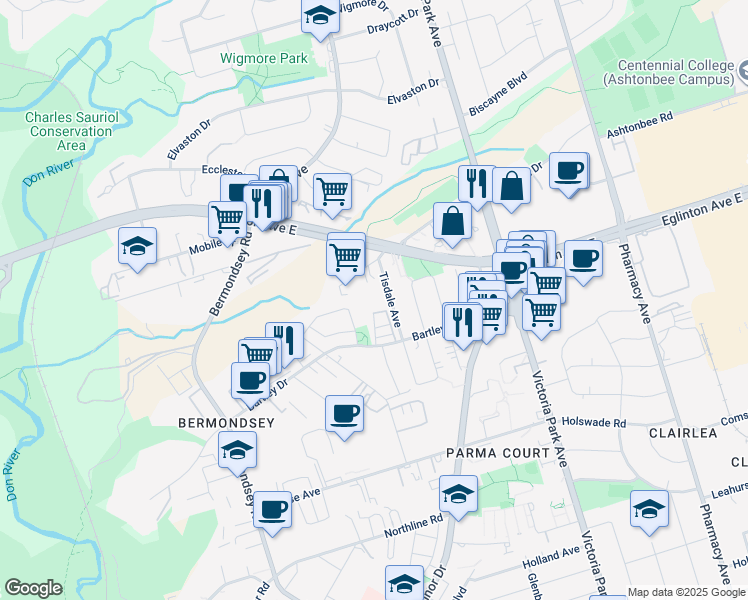 map of restaurants, bars, coffee shops, grocery stores, and more near in North York