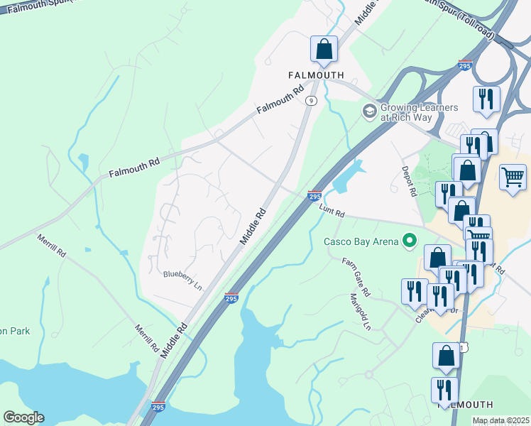 map of restaurants, bars, coffee shops, grocery stores, and more near 187 State Route 9 in Falmouth