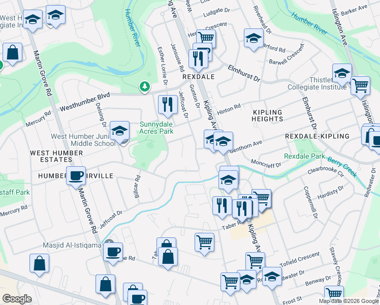 map of restaurants, bars, coffee shops, grocery stores, and more near 50 Jeffcoat Drive in Toronto