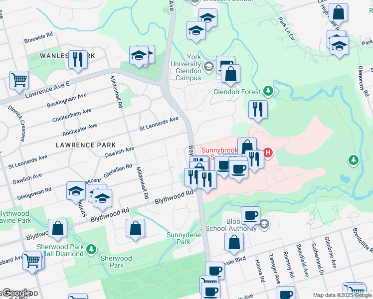 map of restaurants, bars, coffee shops, grocery stores, and more near 65 Hargrave Lane in Toronto