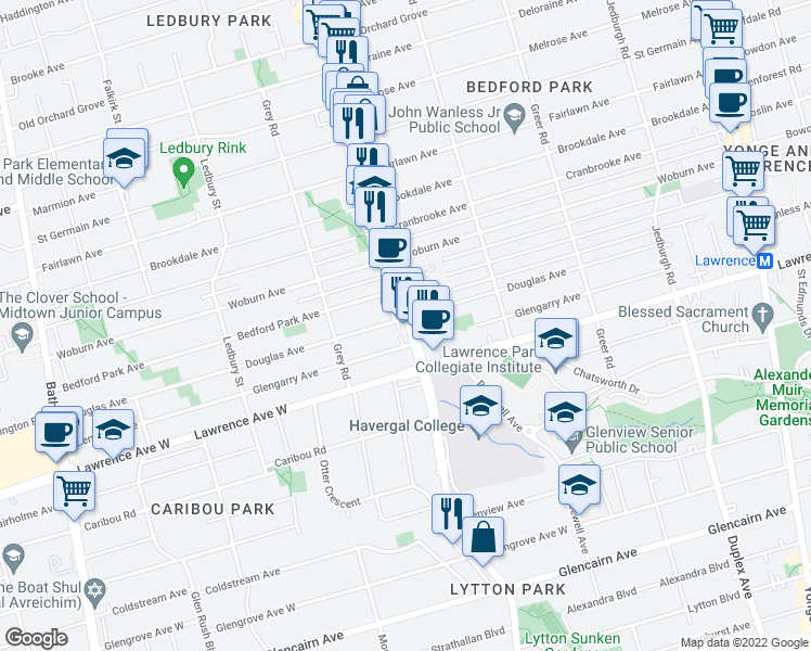map of restaurants, bars, coffee shops, grocery stores, and more near 1558 Avenue Road in Toronto