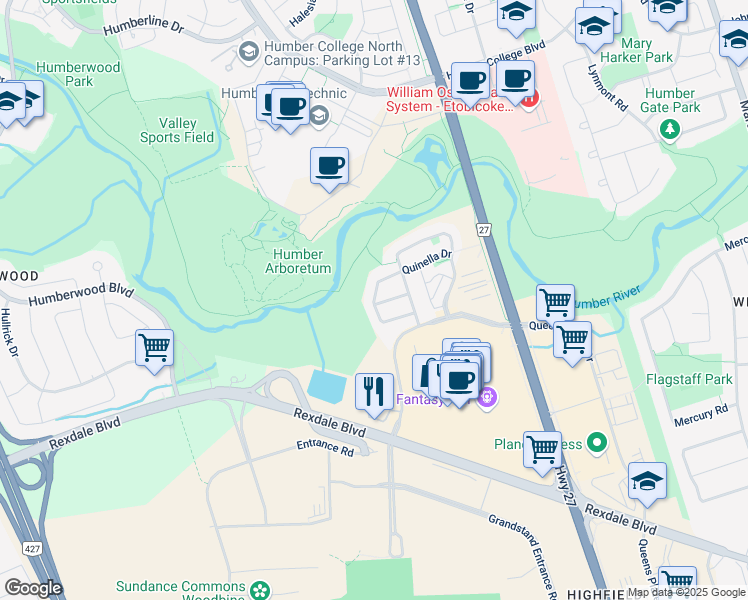 map of restaurants, bars, coffee shops, grocery stores, and more near Mare Crescent in Toronto