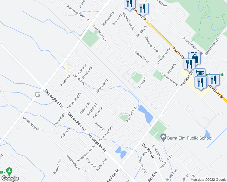 map of restaurants, bars, coffee shops, grocery stores, and more near 70 Game Creek Crescent in Brampton
