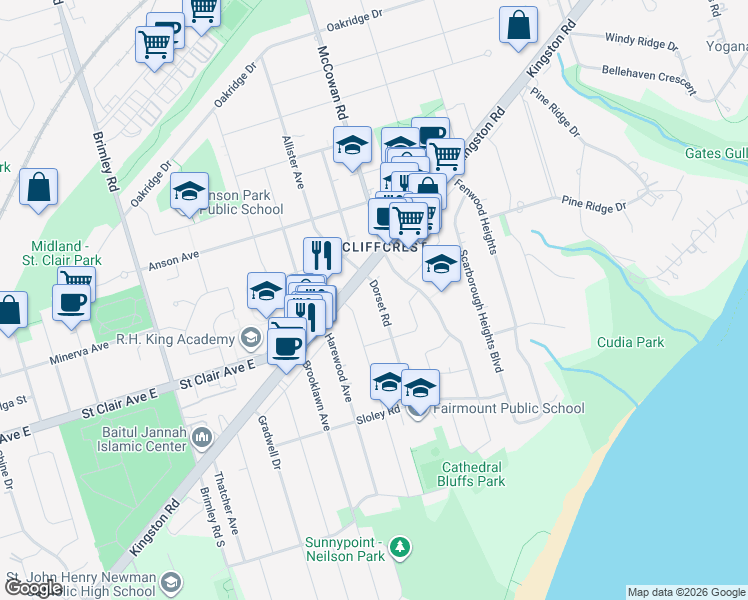 map of restaurants, bars, coffee shops, grocery stores, and more near 108 Dorset Road in Toronto