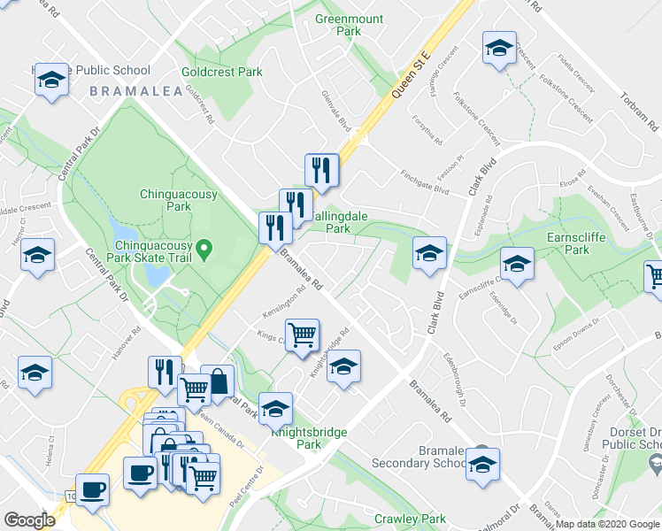 map of restaurants, bars, coffee shops, grocery stores, and more near 216 Gates of Bramalea in Brampton