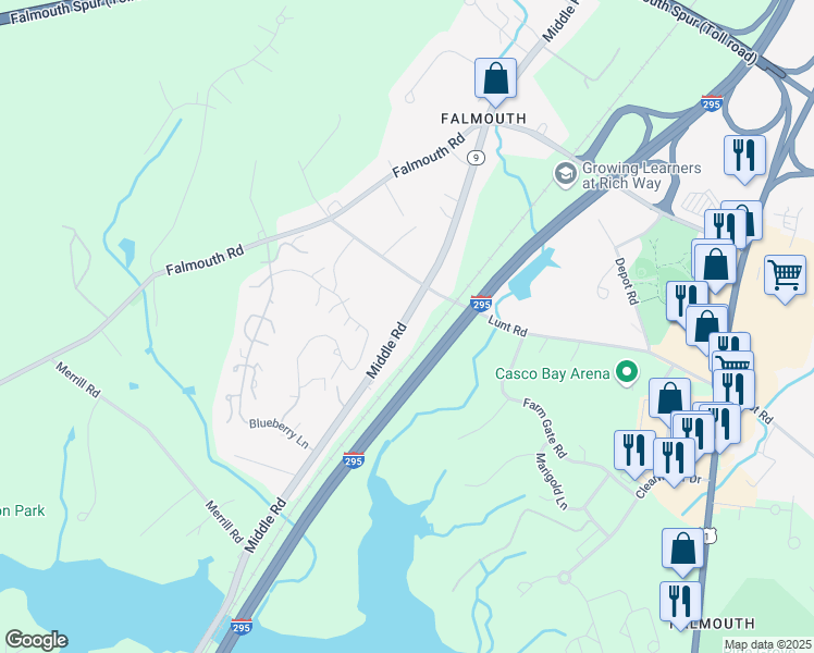 map of restaurants, bars, coffee shops, grocery stores, and more near 187 State Route 9 in Falmouth