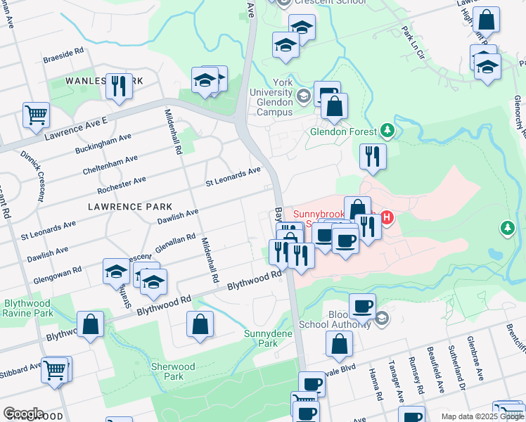 map of restaurants, bars, coffee shops, grocery stores, and more near in Toronto