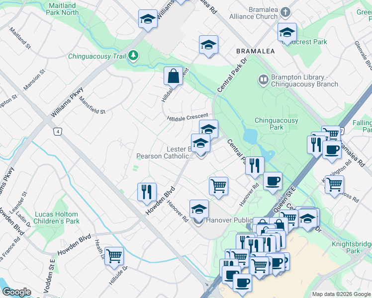map of restaurants, bars, coffee shops, grocery stores, and more near 17 Hollis Court in Brampton
