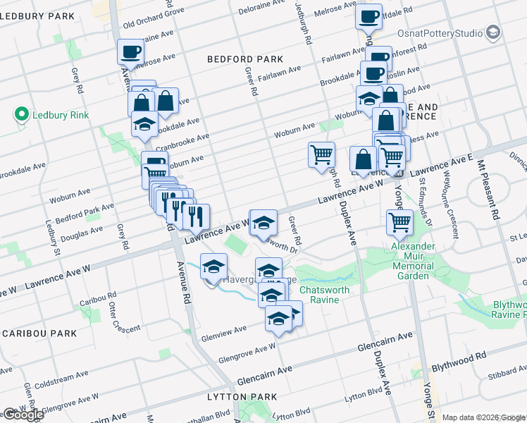 map of restaurants, bars, coffee shops, grocery stores, and more near 182 Lawrence Avenue West in Toronto