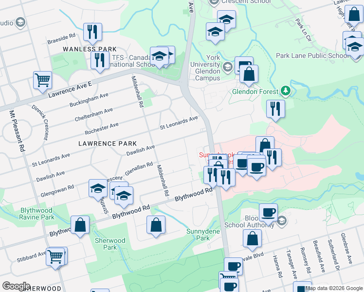 map of restaurants, bars, coffee shops, grocery stores, and more near 50 Daneswood Road in Toronto