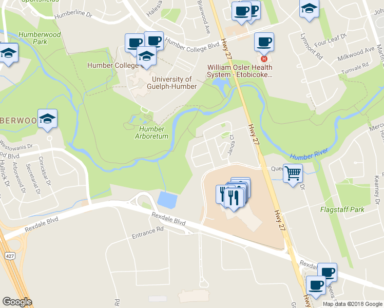 map of restaurants, bars, coffee shops, grocery stores, and more near 64 Mare Crescent in Toronto