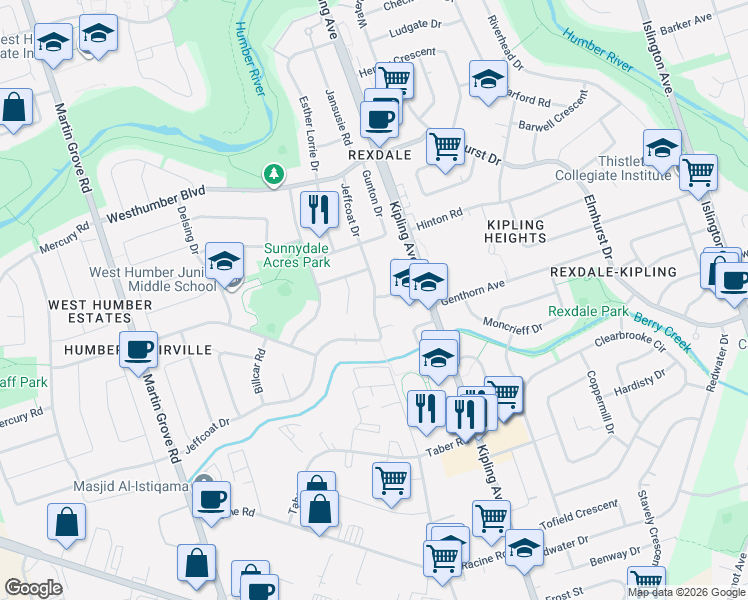 map of restaurants, bars, coffee shops, grocery stores, and more near 50 Jeffcoat Drive in Toronto