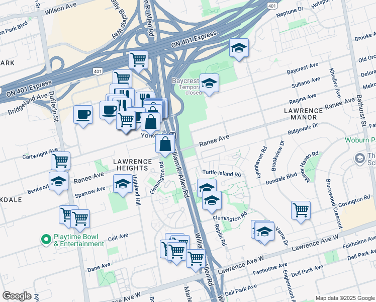 map of restaurants, bars, coffee shops, grocery stores, and more near 120 Varna Drive in Toronto