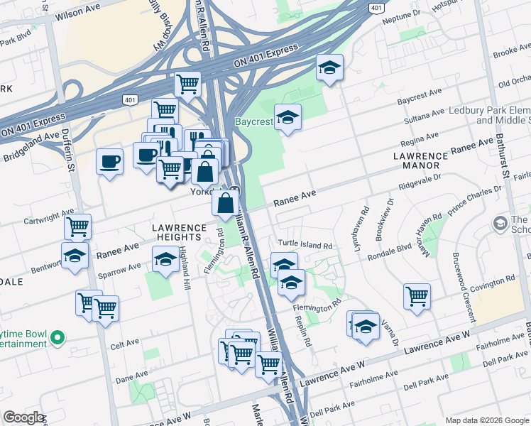 map of restaurants, bars, coffee shops, grocery stores, and more near 116 Varna Drive in Toronto