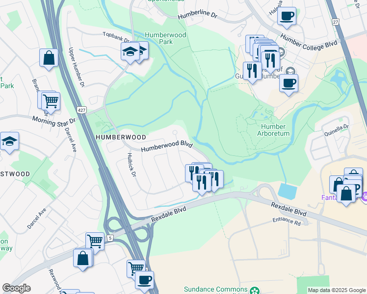 map of restaurants, bars, coffee shops, grocery stores, and more near 47 Thoroughbred Crescent in Toronto