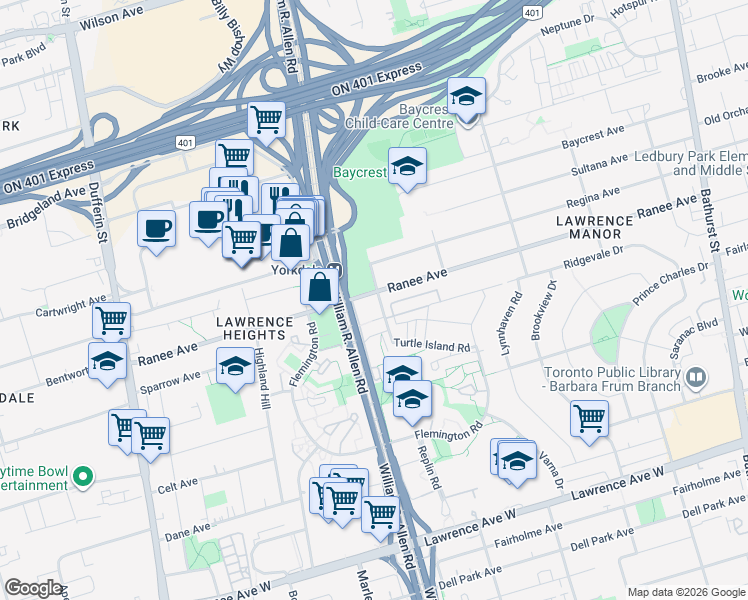 map of restaurants, bars, coffee shops, grocery stores, and more near 130 Varna Drive in Toronto