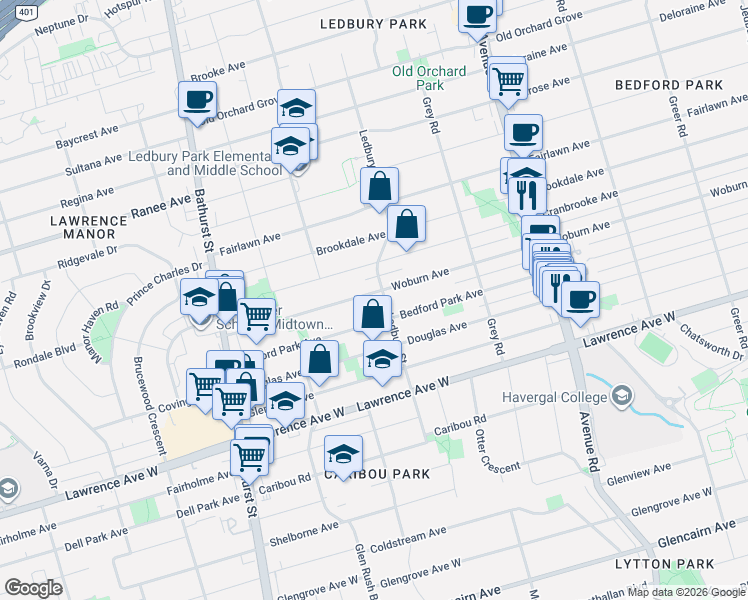 map of restaurants, bars, coffee shops, grocery stores, and more near 599 Woburn Avenue in Toronto