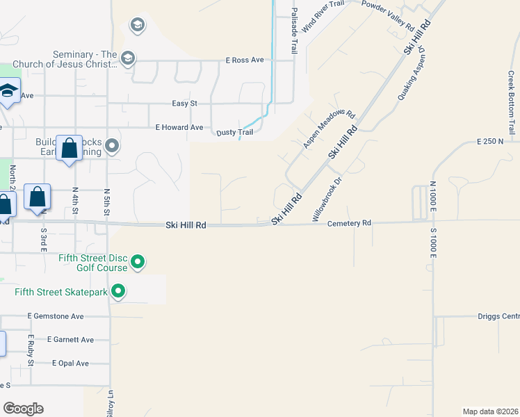 map of restaurants, bars, coffee shops, grocery stores, and more near 500 Ski Hill Road in Driggs