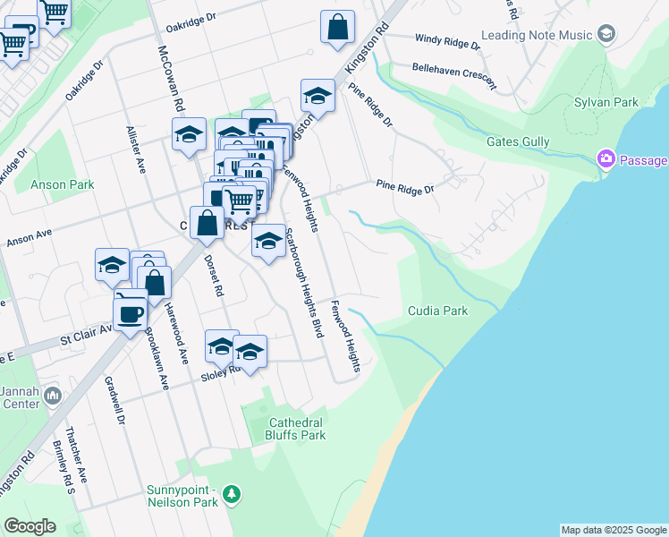 map of restaurants, bars, coffee shops, grocery stores, and more near 37 Fenwood Heights in Toronto