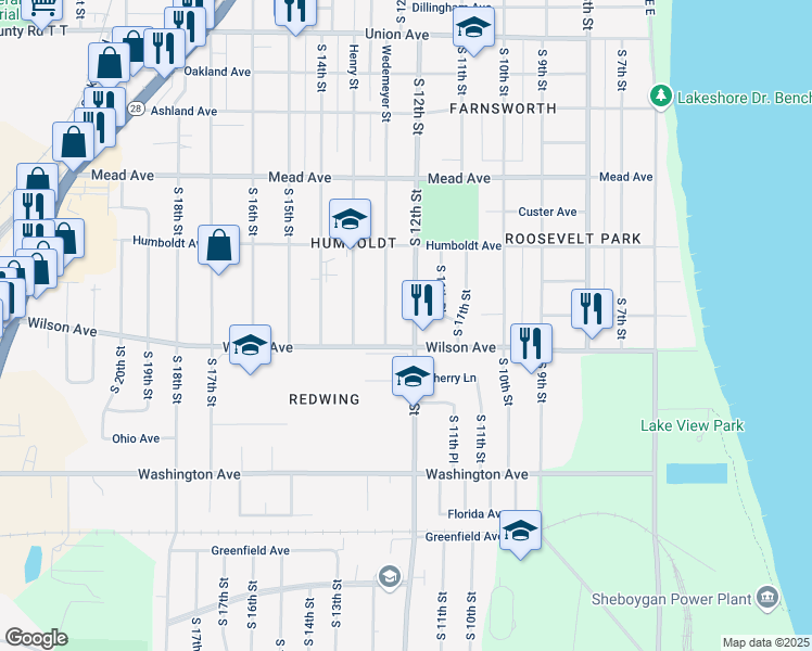 map of restaurants, bars, coffee shops, grocery stores, and more near 2914 South 12th Street in Sheboygan