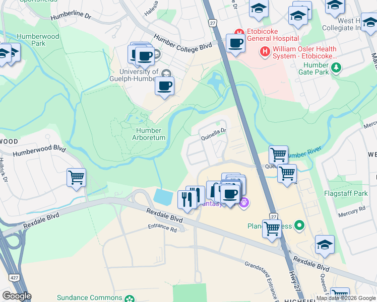 map of restaurants, bars, coffee shops, grocery stores, and more near 64 Mare Crescent in Toronto