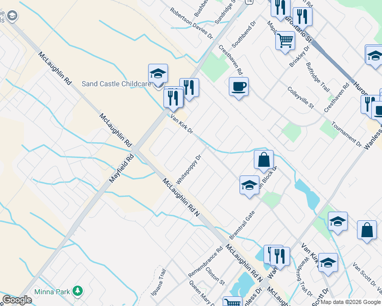 map of restaurants, bars, coffee shops, grocery stores, and more near 20 Amaranth Crescent in Brampton