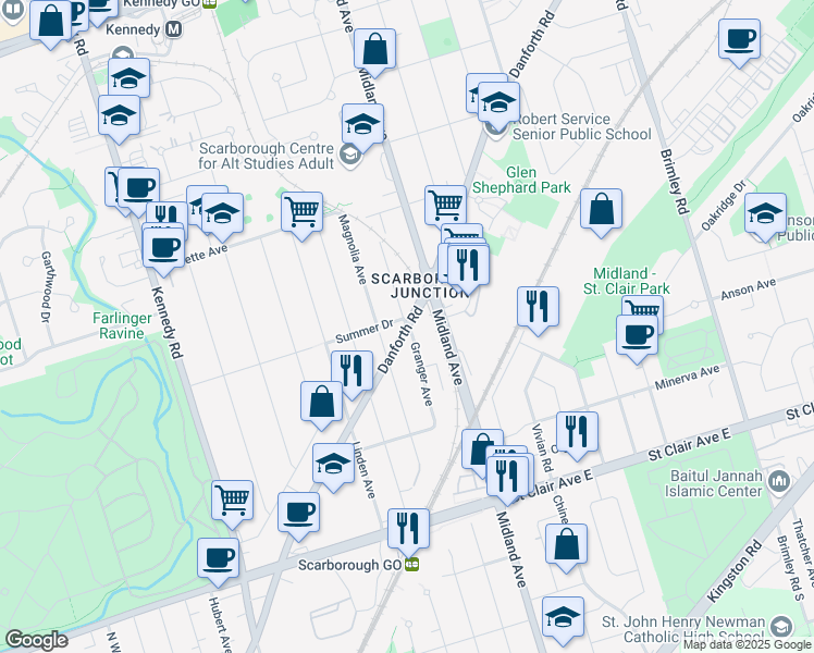 map of restaurants, bars, coffee shops, grocery stores, and more near Danforth Road & Granger Avenue in Toronto