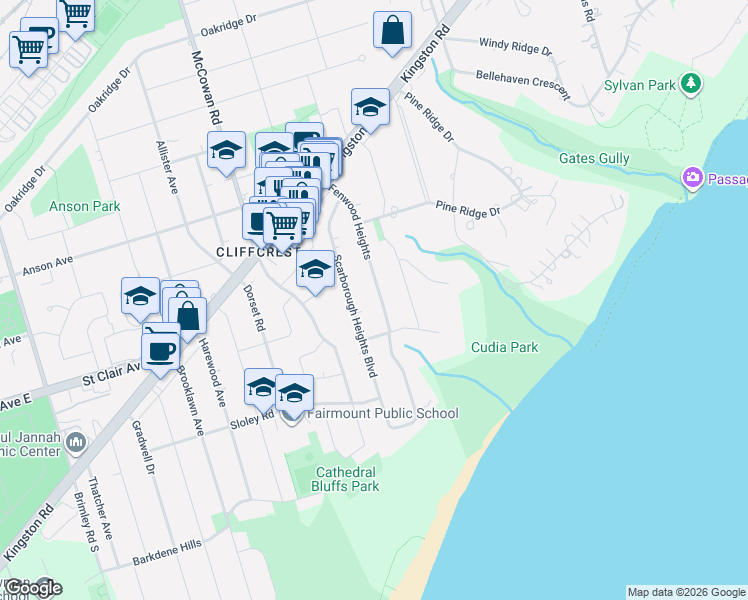 map of restaurants, bars, coffee shops, grocery stores, and more near in Toronto