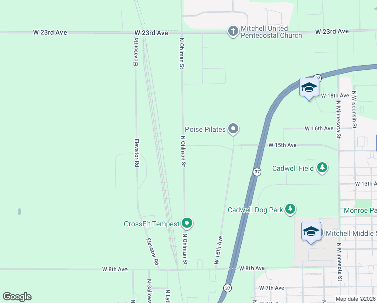 map of restaurants, bars, coffee shops, grocery stores, and more near 1422 North Ohlman Street in Mitchell