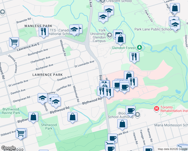 map of restaurants, bars, coffee shops, grocery stores, and more near 60 Hargrave Lane in Toronto