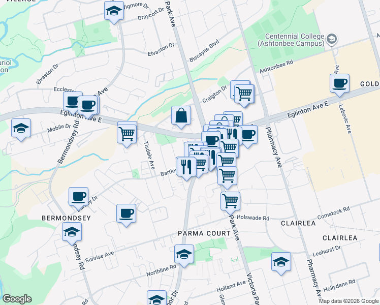 map of restaurants, bars, coffee shops, grocery stores, and more near in Toronto