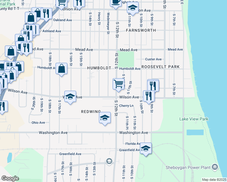map of restaurants, bars, coffee shops, grocery stores, and more near 2914 South 12th Street in Sheboygan