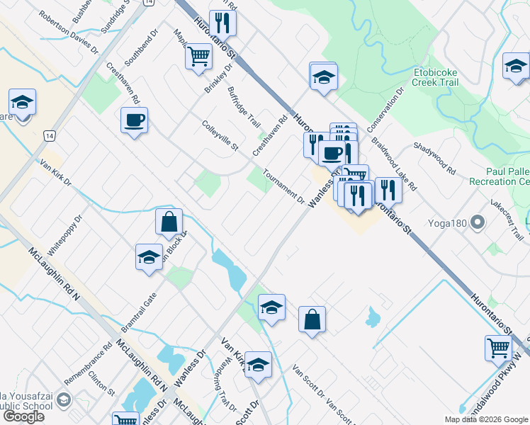map of restaurants, bars, coffee shops, grocery stores, and more near 104 Masters Green Crescent in Brampton