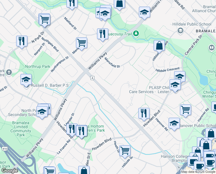 map of restaurants, bars, coffee shops, grocery stores, and more near 22 Madras Place in Brampton