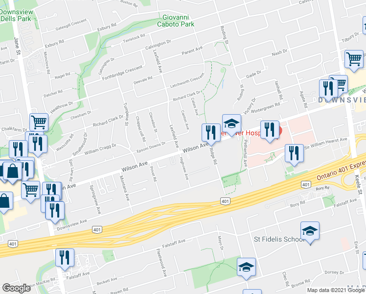 map of restaurants, bars, coffee shops, grocery stores, and more near 1330 Wilson Avenue in Toronto