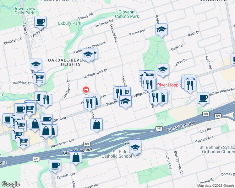 map of restaurants, bars, coffee shops, grocery stores, and more near 193 Epsom Downs Drive in Toronto