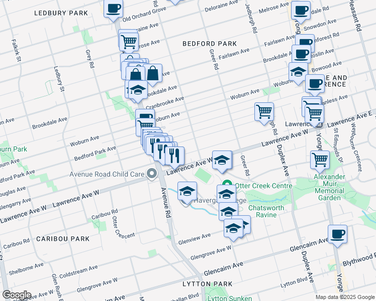 map of restaurants, bars, coffee shops, grocery stores, and more near 220 Glengarry Avenue in Toronto
