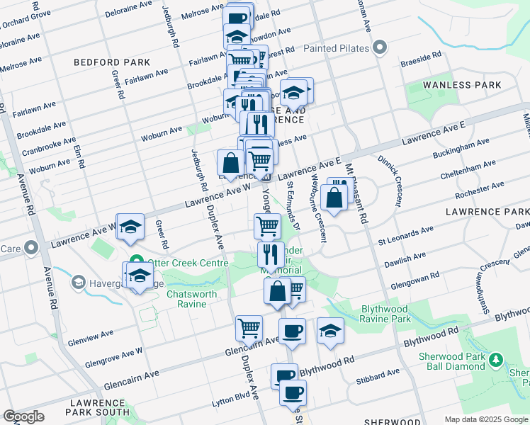 map of restaurants, bars, coffee shops, grocery stores, and more near 3000 Yonge Street in Toronto