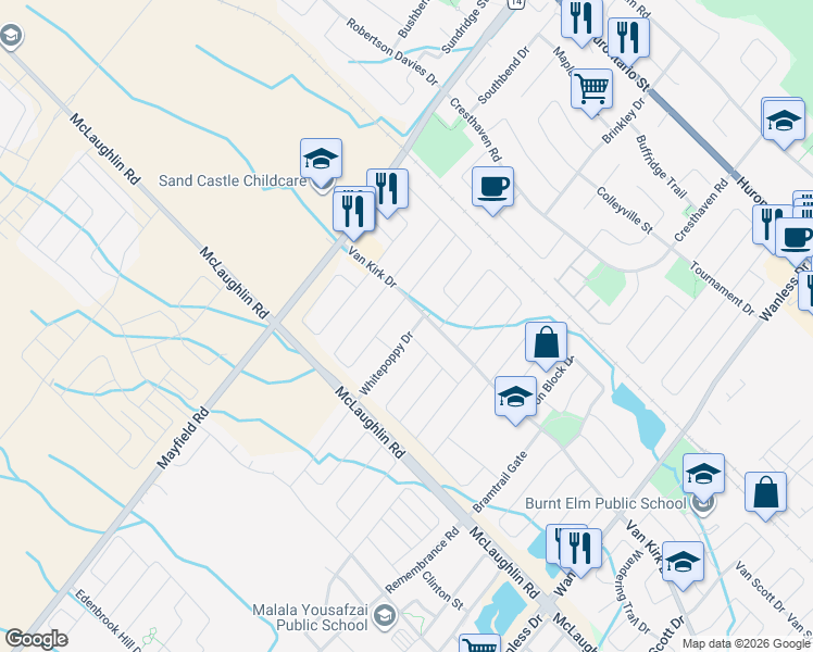 map of restaurants, bars, coffee shops, grocery stores, and more near 38 Whitepoppy Drive in Brampton